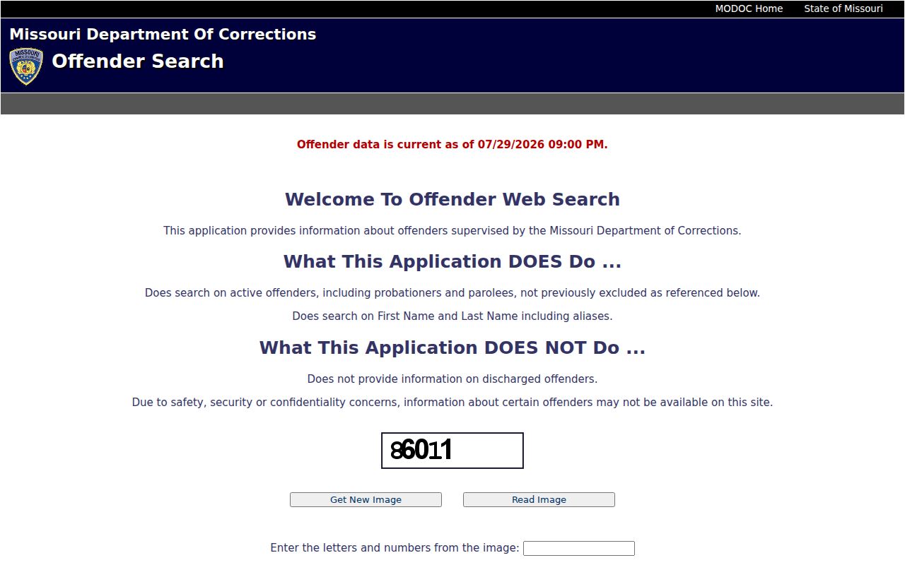 Scotland County arrest search using the MODOC Offender Search form