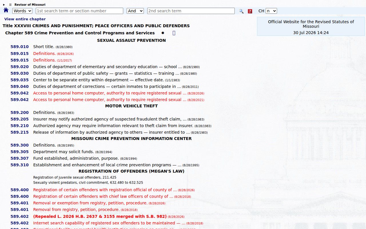 Missouri registration statutes for a Scotland County sex offender lookup