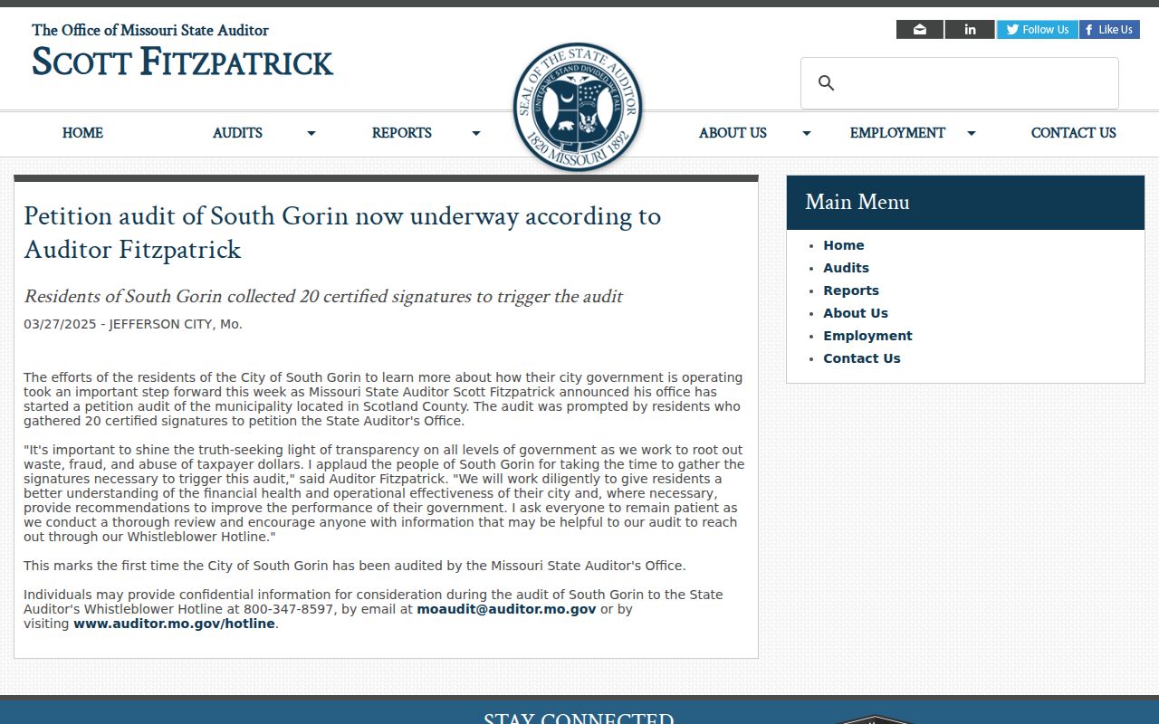 South Gorin criminal record check context for Scotland County from the Missouri State Auditor petition audit announcement